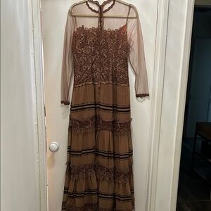 Vintage Elegant Brown Lace and Velvet Trim Maxi Dress